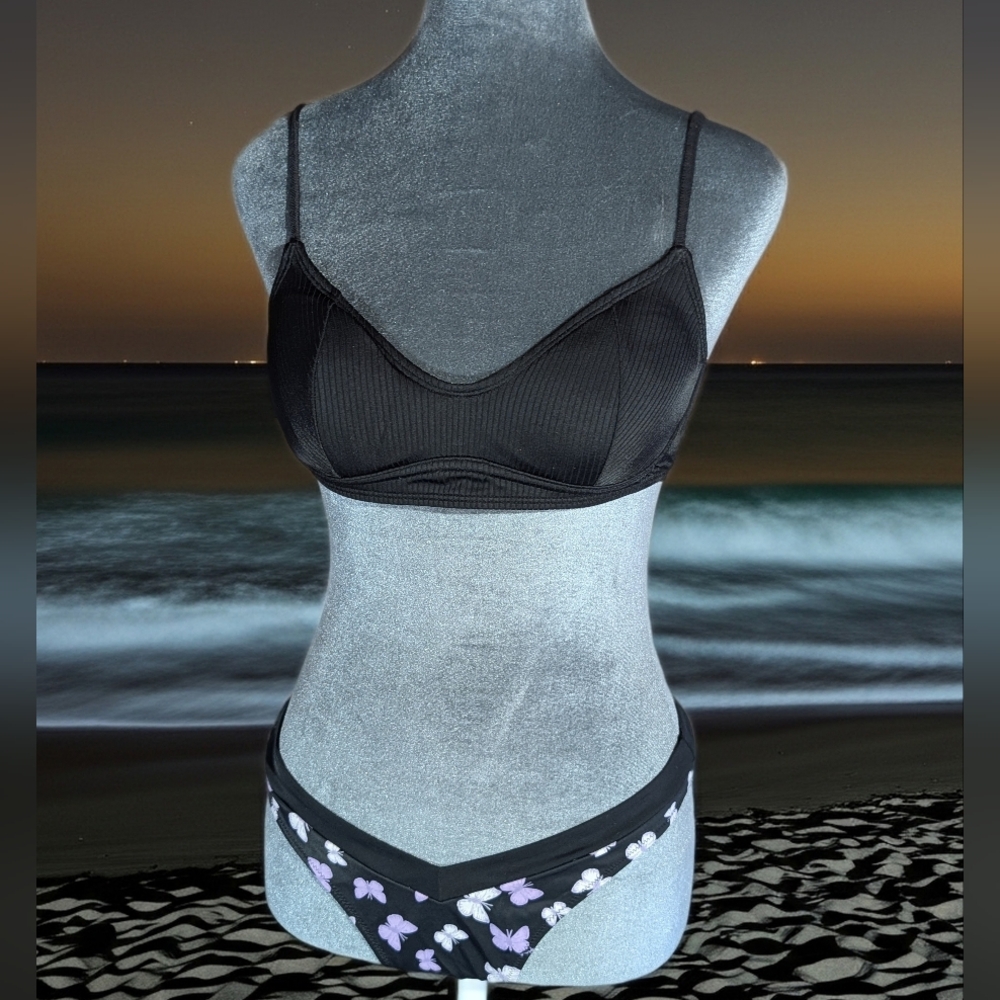 Victoria's Secret PINK Butterfly Print bottoms Xhilaration Black Top Bikini Set